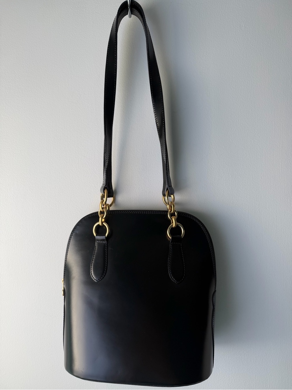 Vintage Saks Fifth Avenue Black Leather Dome Bag with GoldTone Chain Hardware